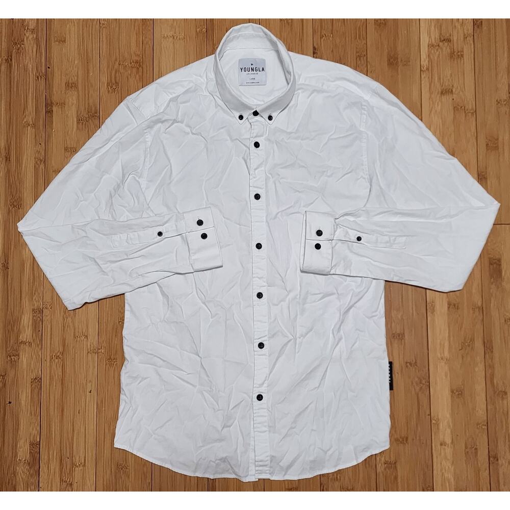 YOUNGLA Shirt Men's Large White Long Sleeve Button Down Casual Preppy Logo Work